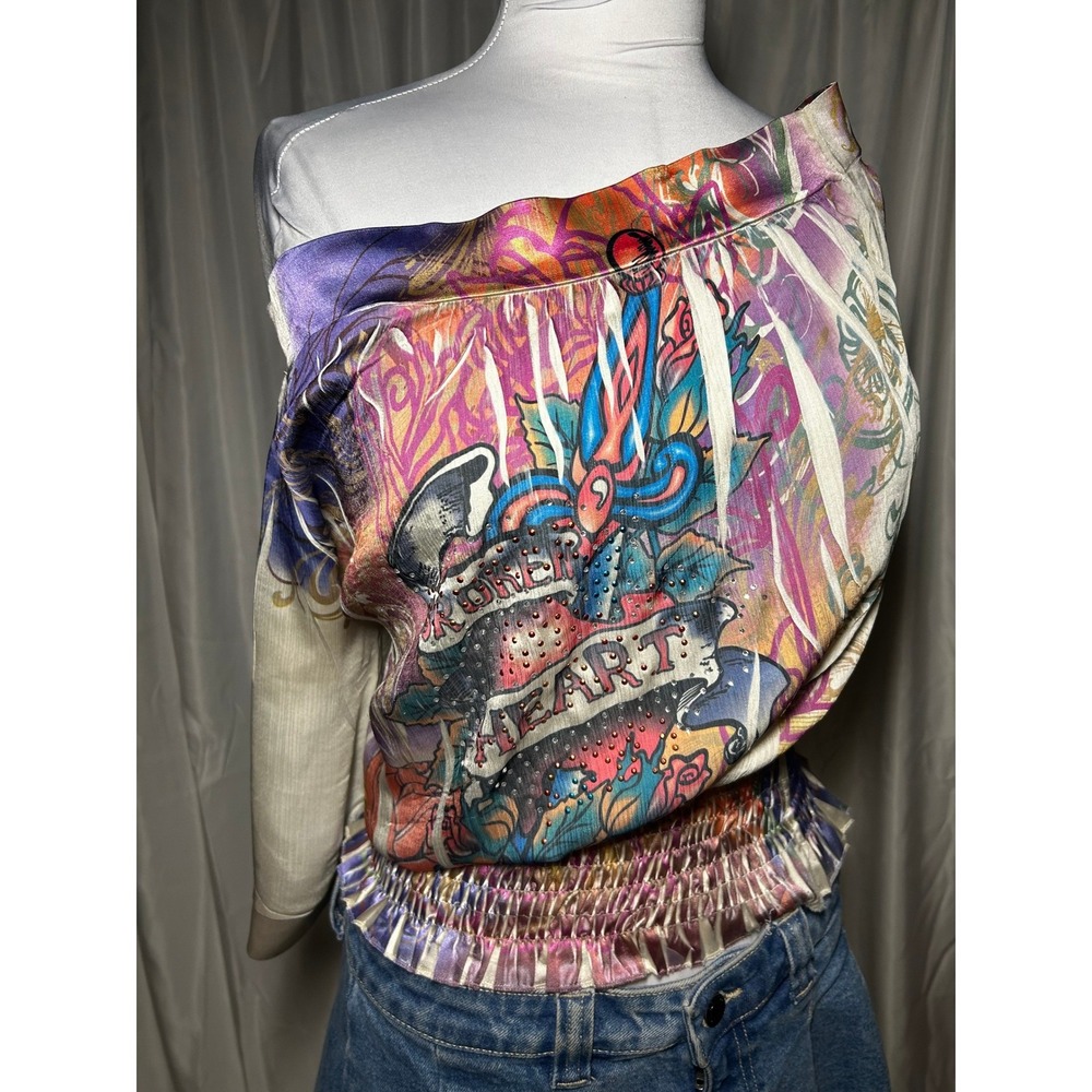 One Shoulder Tattoo Print Blouse Broken Heart Rhinestone Smocked y2k grunge - Picture 1 of 7